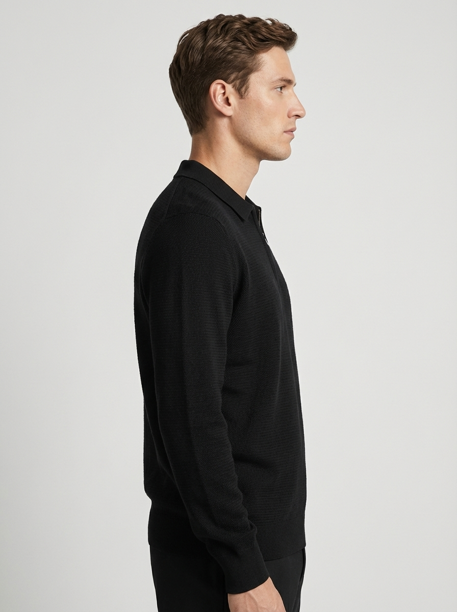 Knitwear quarter zip polo - BLACK