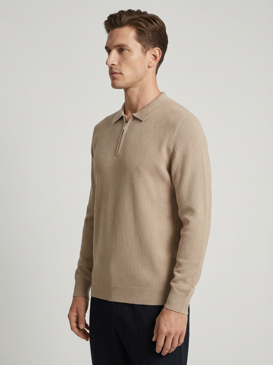 Knitwear quarter zip polo - BEIGE
