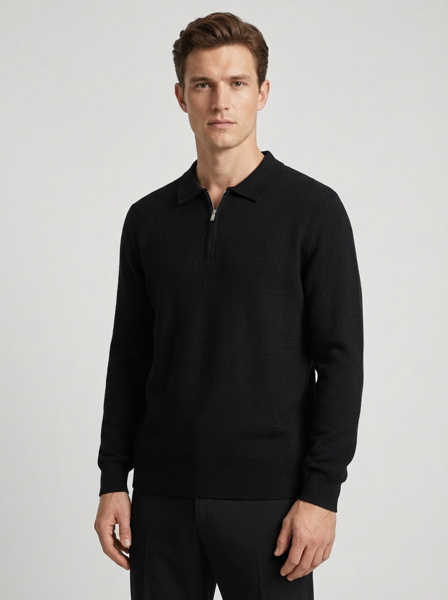 Knitwear quarter zip polo - BLACK