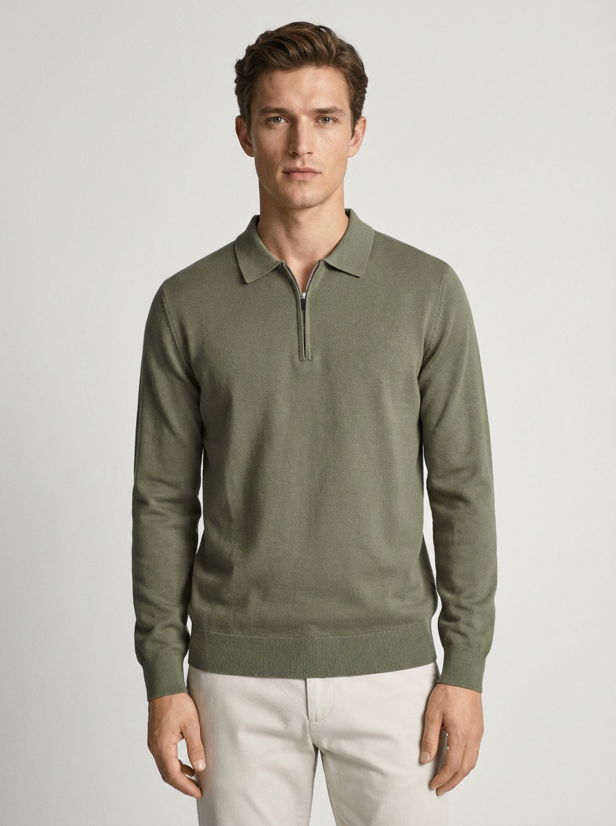 Knitwear quarter zip polo - OLIVE GREEN