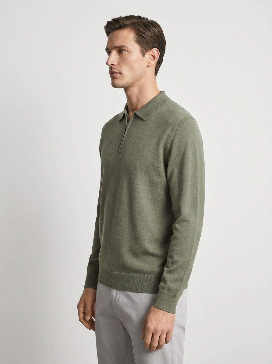 Knitwear quarter zip polo - OLIVE GREEN