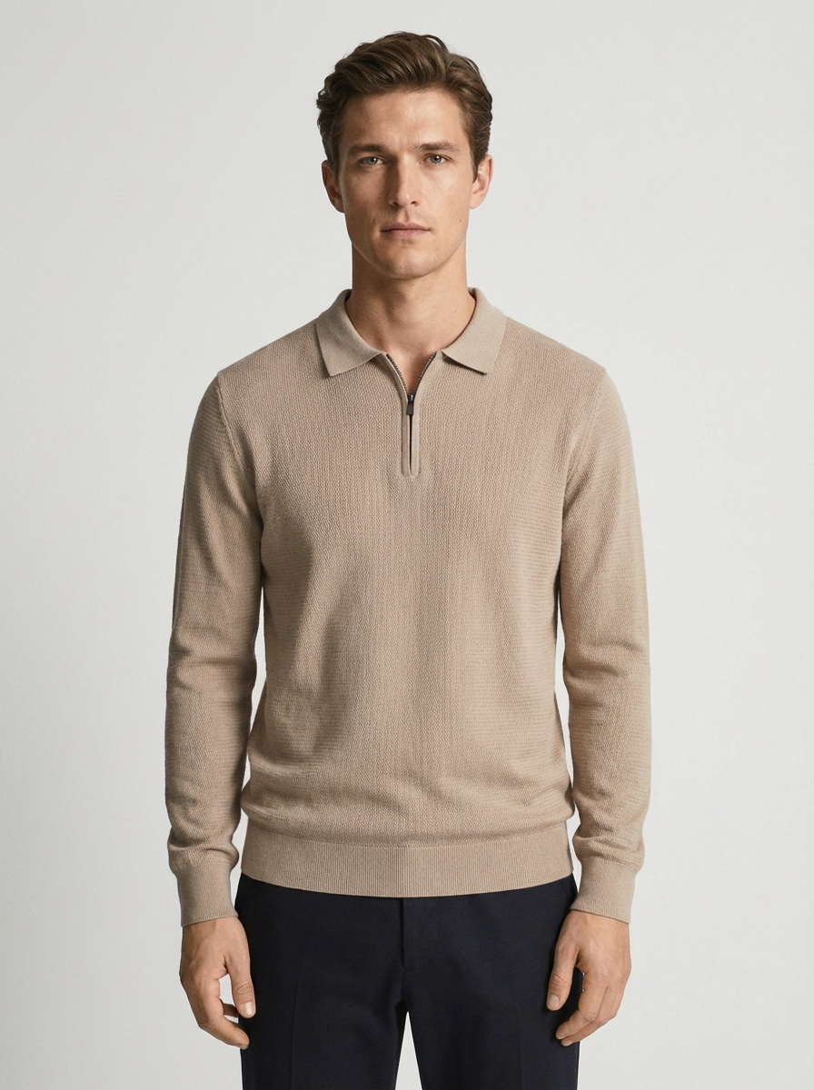 Knitwear quarter zip polo - BEIGE